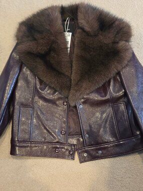 Mango NWT Burgundy Leather Jacket Faux Fur Collar Size L